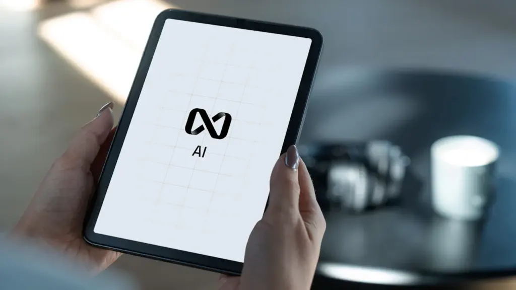 Cilvēka rokas tur planšetdatoru ar mākslīgā intelekta logotipu darba vidē